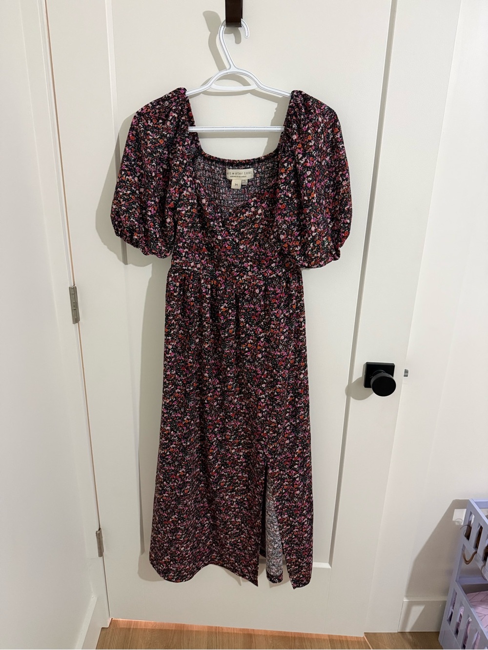 saltwater LUXE Black Floral Puff-Sleeve Midi Dress with Pink Accents